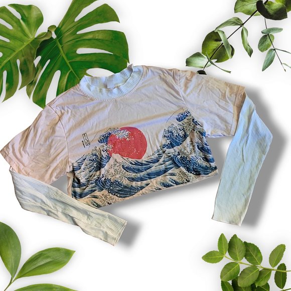 ROMWE Tops - Romwe 2-in-1 Crop Tee - Hokusai Japanese Print